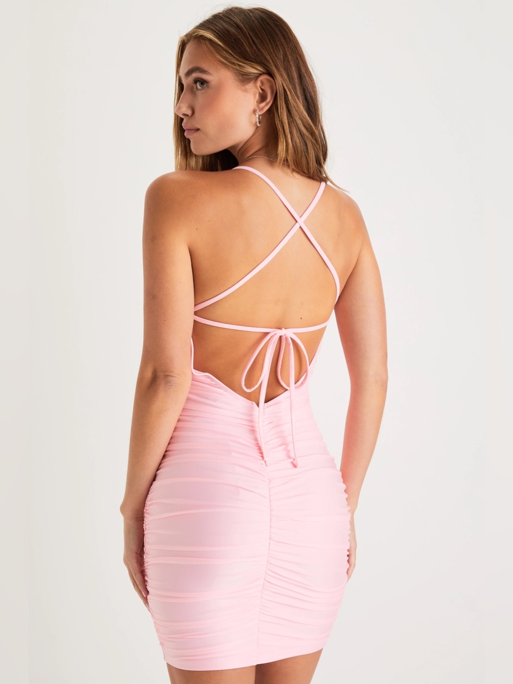 Lulus Confident Allure Light Pink Ruched Lace-up Bodycon Mini Dress - Size S